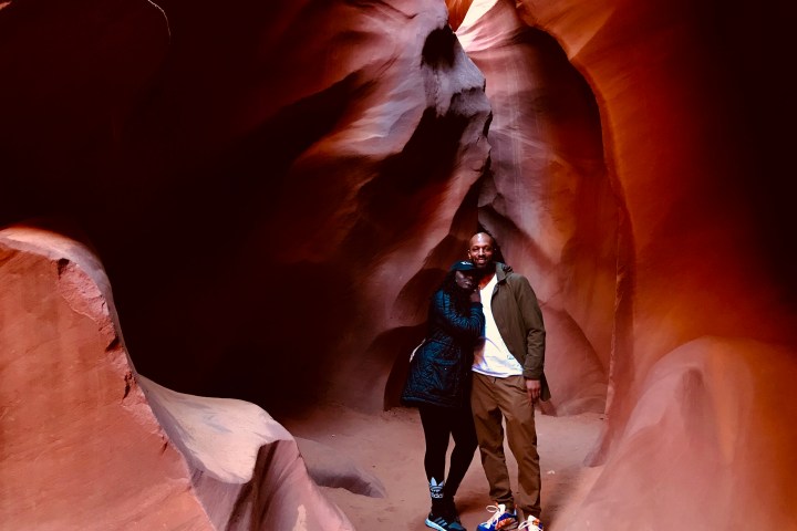 a person riding a skate board in a canyon
